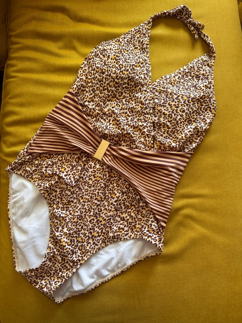 Grace Karin Deep V Leopard Print Halter 1 Piece Swimsuit w/ Striped Waistband XL